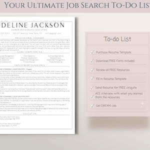 May include: A pink to-do list for job seekers with a checklist of tasks to complete, including purchasing a resume template, downloading fonts, reviewing resources, filling in the resume template, sending the resume for a free critique, acing an interview, and getting a dream job.