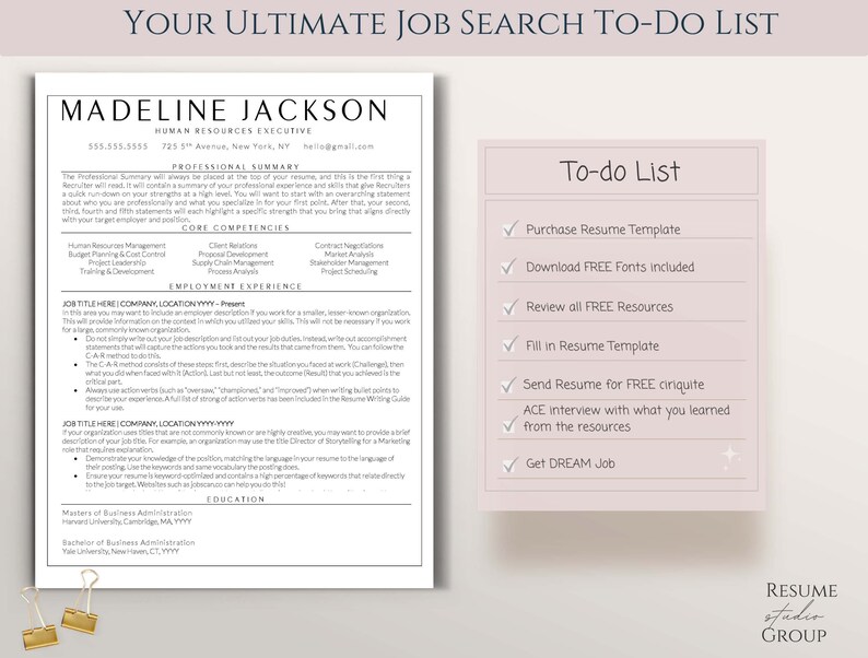 May include: A pink to-do list for job seekers with a checklist of tasks to complete, including purchasing a resume template, downloading fonts, reviewing resources, filling in the resume template, sending the resume for a free critique, acing an interview, and getting a dream job.