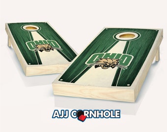 Officially Licensed Ohio Bobcats Pyramid Stained Cornhole Set with Bags - Bean Bag Toss - Ohio Cornhole - Corn Toss - Corn hole