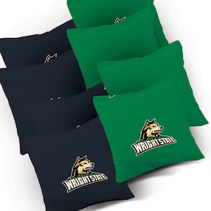 May include: Set of 8 bean bags in navy blue and green with the Wright State University logo and mascot, a wolf, in white, gold, and green.