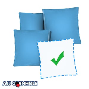 May include: Three blue bean bags with a white bean bag with a green checkmark in the center. The white bean bag has a blue dashed border.
