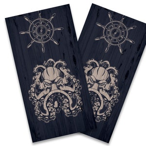 May include: Two dark blue wooden boards with a white octopus and a white ship's wheel on each board.