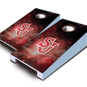 May include: A set of two red and black cornhole boards with the Saint Louis University Billikens logo and a lightning bolt design.