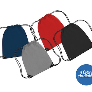 May include: Four drawstring bags in different colors: navy blue, red, black, and gray. The bags have a small black accent at the bottom corner. The text "4 Colors Available!" is in a blue circle.