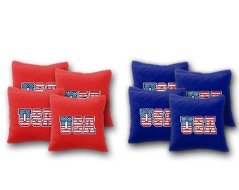 USA Flag in text Cornhole Bags Set of 8 - Homemade Quality Regulation Cornhole Bags - Patriotic Cornhole - Cornhole Bags - USA Flag -