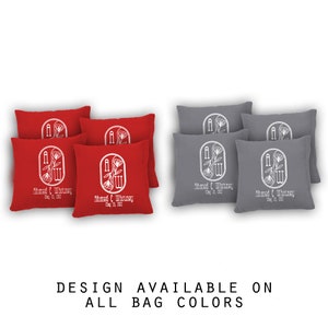 Bride and Groom Date Rose Monogram Cornhole Bags Set of 8-17 Colors To Choose From-Homemade Quality Regulation Cornhole Bags-Bean Bag Toss