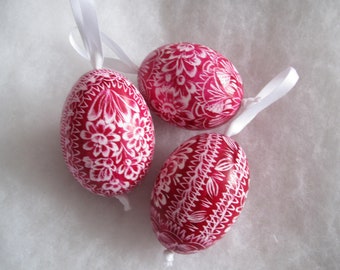 Oeuf de Pâques, 3 pièces, véritable œuf de canard décoré selon la technique du grattage, traditionnel, rose