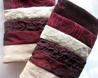 pulse warmers gauntlet gloves dark red beige different fabrics