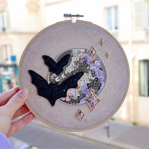 Halloween pattern beadwork frame with bats and silver moon