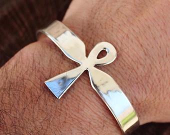 Handmade Sterling Silver Ankh Cross Cuff Bracelet, Unisex Egyptian Jewelry, Adjustable Silver Bracelet | Arenas Jewelry