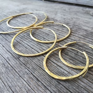 Solid Brass Hoops | Large, Medium and Small gold hammered hoops