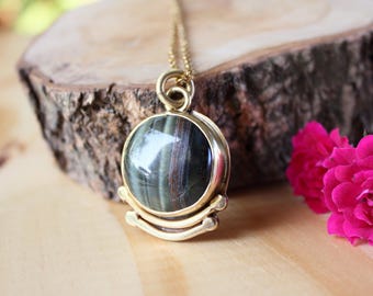 Tiger’s Eye Pendant in Brass with Hand Engraving | Handmade Necklace | Artisan Jewelry with Steel Chain