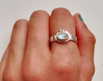 Moonstone, Zirconia and Sterling Silver Ring | Handmade Size 12 (5 3/4 US)