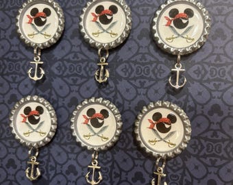 Disney Cruise Pirate Mickey magnets, silver anchor charm / set of 6 or 12 / Fish extenders gift, magnet exchange, pixie dust, handmade.