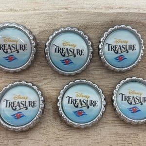 May include: Six silver bottle caps with a blue and white background and the text "Disney Treasure" in gold lettering. A red Mickey Mouse head with a white outline is in the center of the blue wave.