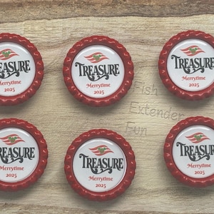 May include: Six red bottle caps with a white center featuring the word "TREASURE" in a stylized font, with "Merrytime 2025" below. The caps have a scalloped edge and a nautical-themed logo.