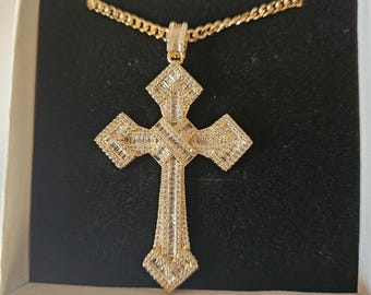 Women Large elegant Cross pendant gold plated  cubic zircon rhinestone Cross pendant chain necklace