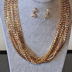 Statement luxury exquisite  gold colour with multi colour rhinestone crystal diamante  choker layered necklace  and earring jewellery  set