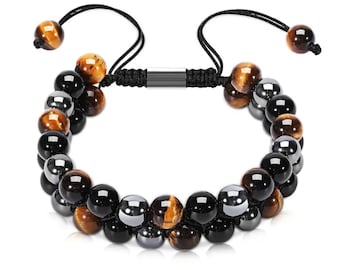 Pulseras de triple protección Ojo de tigre de capa de 8 mm, pulsera de obsidiana negra evileye de cristal natural para mujeres, hombres, pulsera de prosperidad y felicidad