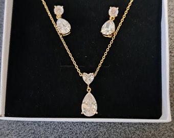 Cubic zirconia Bridal jewelry gift set tear drop elegant gold plated rhinestone diamante pendant necklace  and earring jewelry set