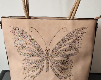 Très grand sac à main fourre-tout beige en strass multicolore pour femme