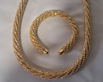 Women elegant gold multi colour rhinestone chunky diamante rope necklace and earring and cuff bracelet set NICKEL FREE