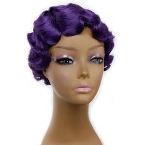 Women purple colour finger wave curly synthetic fibre wig