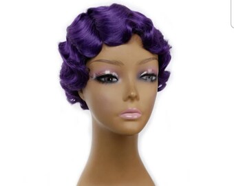 Women purple colour finger wave curly synthetic fibre wig