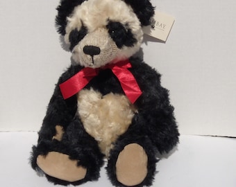 Vintage 60s Small Panda Bear Pure Wool Plush Stuffed Animal Black