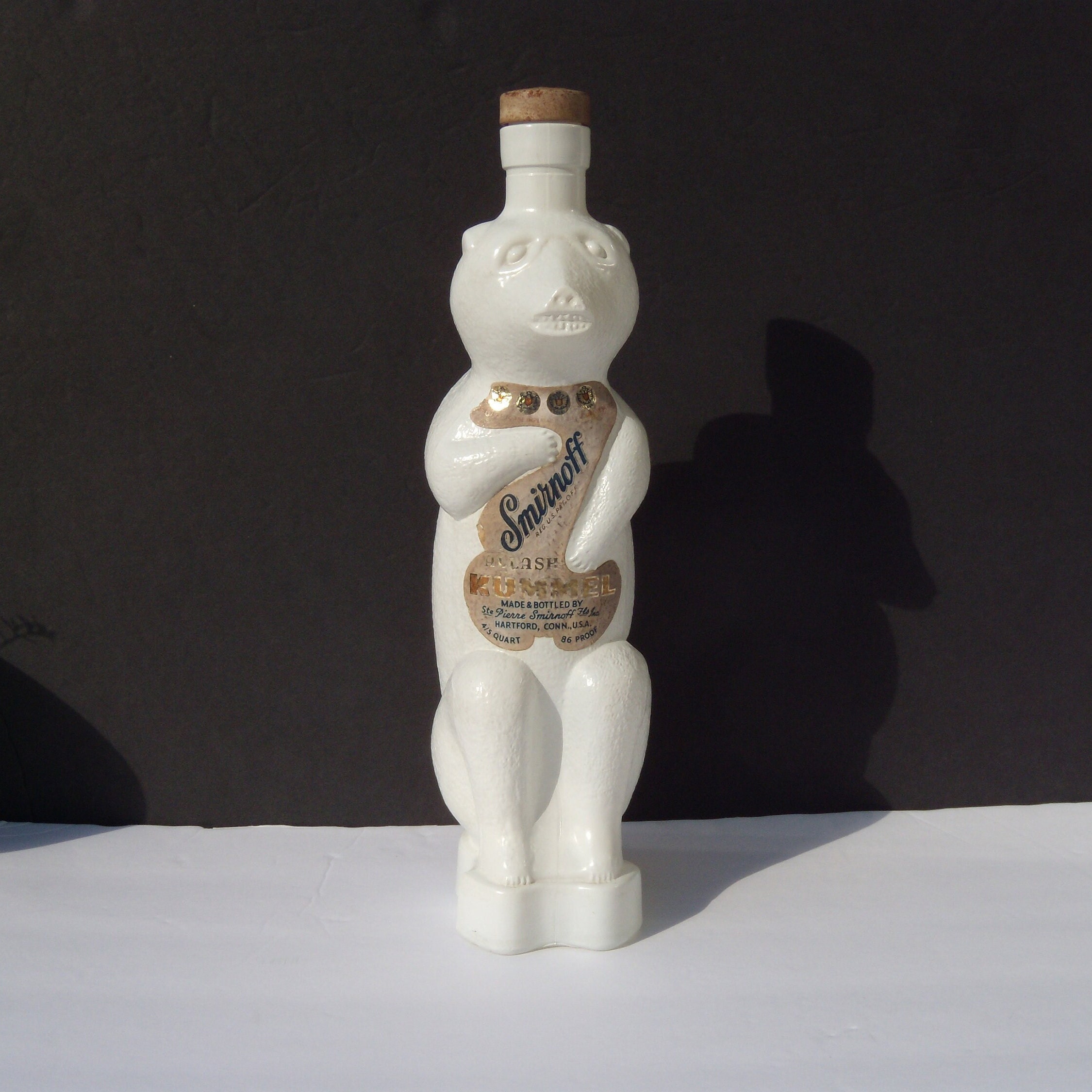 Smirnoff Bear Bottle, Allash Kummel Liquor Bottle, White Glass