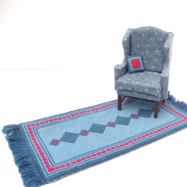 Dollhouse Wing Chair and Rug Set, Miniature Dollhouse Upholstered Chair, Dollhouse Needlepoint Rug, 1:12 Dollhouse Chair with Pillow