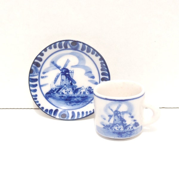 Miniature Delft Cup and Saucer Set, Little Dutch Cup and Saucer Souvenir Set, Mini Blue and White Cup and Saucer