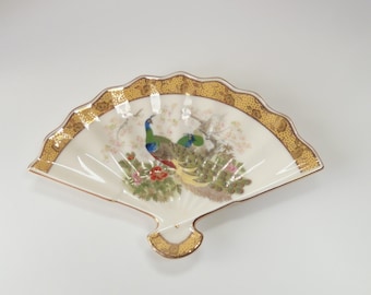 Vintage Japanese Chokin Art 24 KT Gold Fan Dish, Hand Painted Art