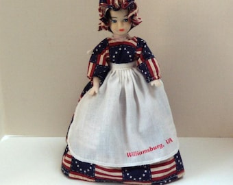 Gambina Williamsburg Souvenir Doll, Americana Red White and Blue Flag Dress Doll, Williamsburg Souvenir, Patriotic Doll
