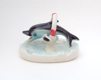 Dolphin Ceramic Ashtray, Kitschy Ceramic Dolphin, Dolphin and Hoop Ashtray, Jumping Dolphin Dish