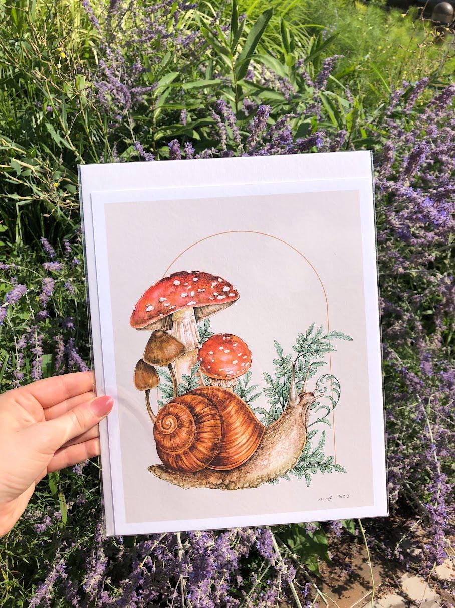 Into the Woodland: Snail and Mushrooms Fine Art Print  display picture 2