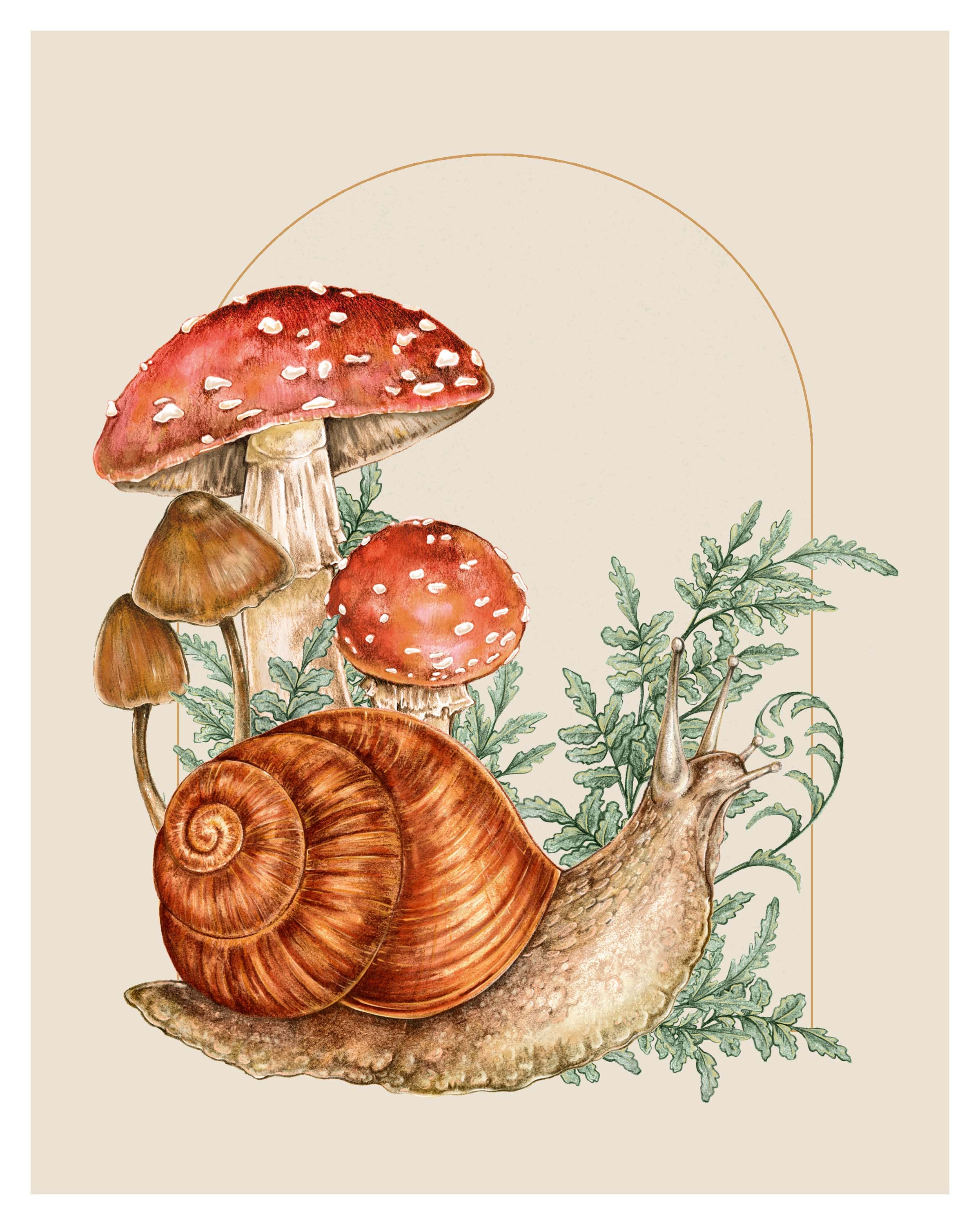 Into the Woodland: Snail and Mushrooms Fine Art Print  display picture 1