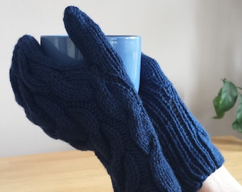 Hand Knit Mittens. Cable Knit Mittens. Colourful Navy Blue Mittens.