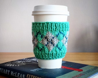 Argyle Coffee Cozy. Green Coffee Sleeve. Fair Isle Coffee Cozy. Hand Knit Coffee Sleeve. Small Gift Ideas. Eco Coffee Sleeve.