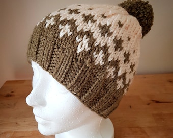 Fair Isle Touque. Chunky Touque. Fair Isle Hat. Brown and Cream Hat. Mocha Hat. Slouchy Hat. Colourful Beanie. Colourwork Hat.