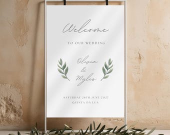 OLIVIA Calligraphy Wedding Welcome Sign, Olive Branch Welcome Sign Template, Olive Leaves Printable, Greenery Wedding Sign