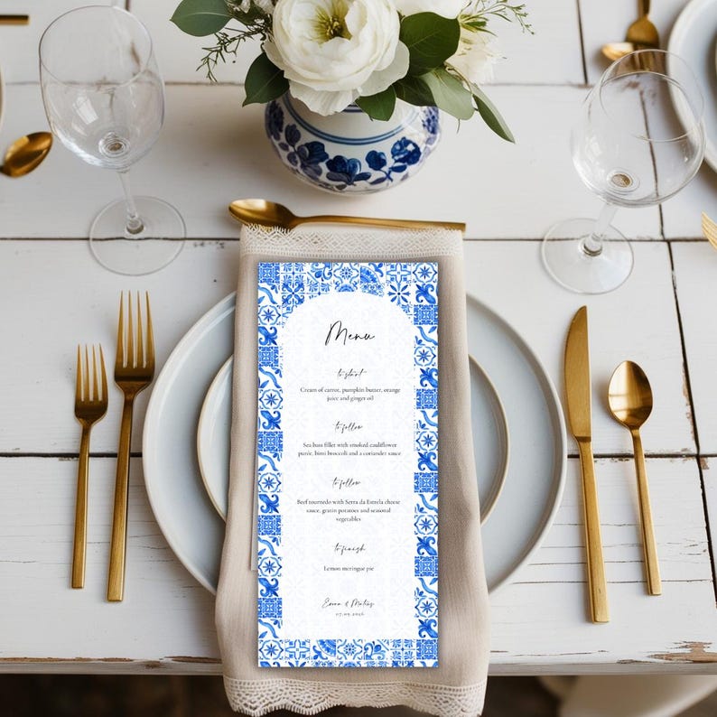 EVORA Azulejo Blue and White Tile Wedding Menu, Portuguese Tile Wedding ...