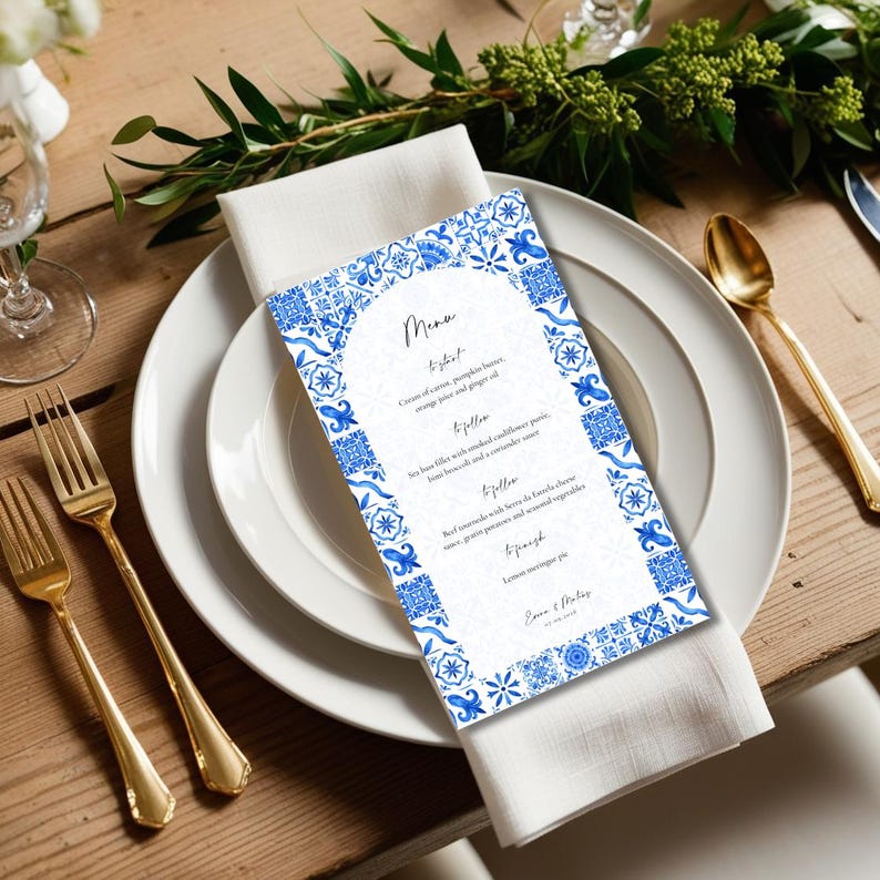 EVORA Azulejo Blue and White Tile Wedding Menu, Portuguese Tile Wedding ...