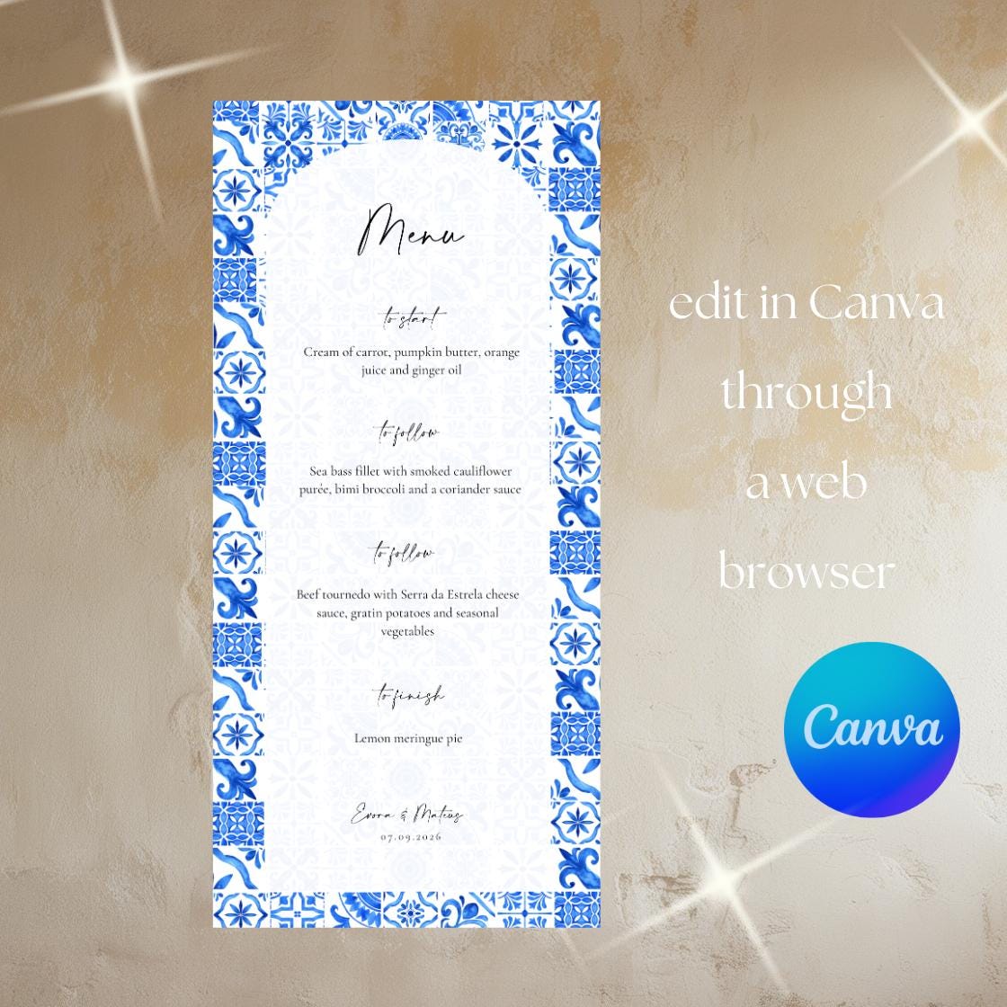 EVORA Azulejo Blue and White Tile Wedding Menu, Portuguese Tile Wedding ...