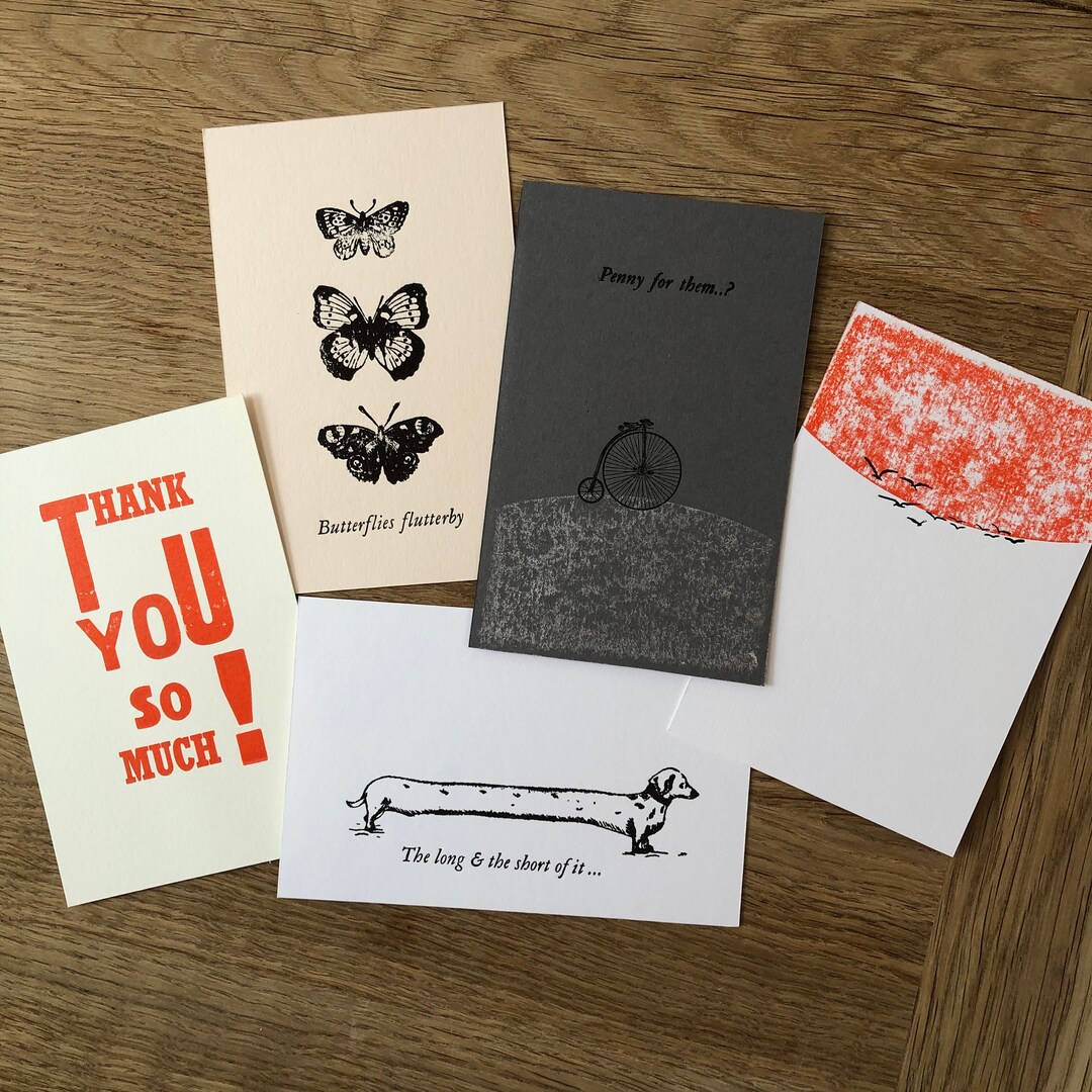 Postcard Set, 5 Letterpress Postcards, 5 Original Letterpress Printed Postcards and Envelopes