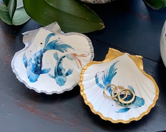 Koi Fish Scallop Shell Ring Dish-  Gift Idea, Blue and White, Hamptons Style, Coastal Decor