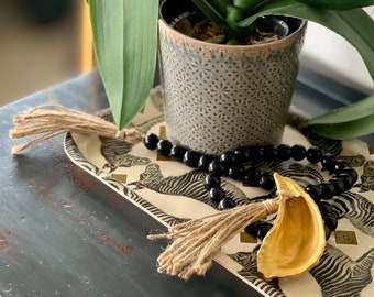 Black Small Blessing Beads with Gold Oyster Shell and Twine Tassel- Welcome, Hamptons Style, Interior Design, Coastal Beads, Australia