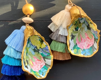 Protea Flower, Hanging Large Oyster Shell with Tassel- Gift Ideas, Coastal Decor, Hamptons Decor, Beach House, Boho Chic, Australia