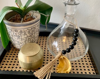 Hanging Small Black Blessing Beads with Gold Oyster Shell and Twine Tassel- Welcome, Hamptons Style, Gratitude Beads, Coastal, Australia