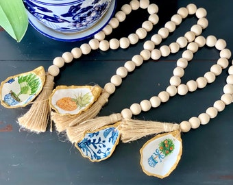 Natural Blessing Beads Loop with  Decoupage Oyster Shell and Twine Tassel- Welcome, Hamptons Style, Gratitude Beads, Coastal, Australia
